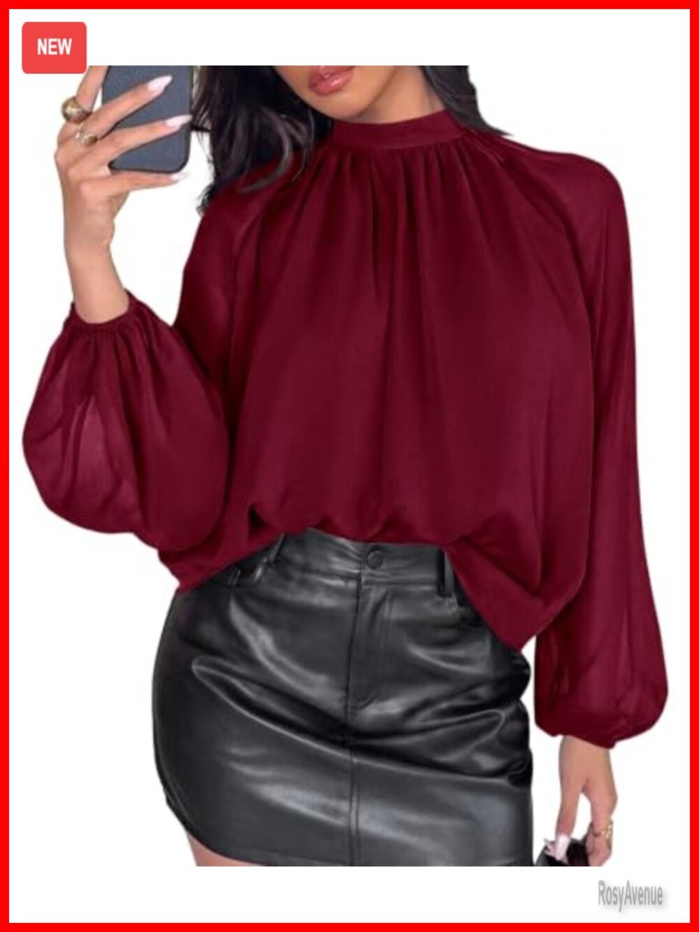 Mock Neck Chiffon Blouse Long Bishop Sleeve Dressy Casual Work Top